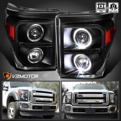 Black Fits 2011-2016 Ford F250 F350 F450 SuperDuty LED Halo Projector Headlights Foto 1 de 4
