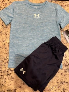 Under Armour Boys Short Set Blue Black Size 7 Dri Fit Material - Picture 1 of 1