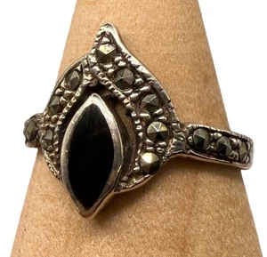 Vintage Sterling Silver 925 Art Deco Revival Onyx & Marcasites Women’s Ring Sz 6 - Picture 1 of 9