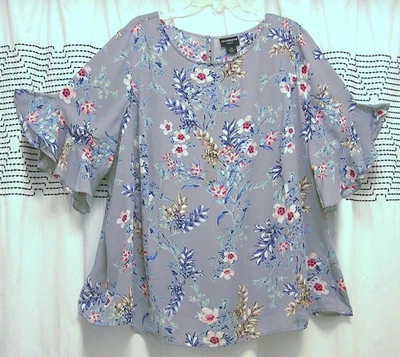 Liz Claiborne Women Tunic blue meadow flowers Keyhole short Flutter sleeves 3X - Image 1 of 4