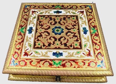 Vintage Rangoli Meenakari Manai Red Gold Hand Crafted Wood Box HOLIDAY DECOR - Image 1 of 4