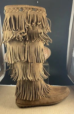 Minnetonka 1652 Fringe High Boots Sz 7 Moccasin Metal Concho Zip Brown Suede - Image 1 of 4