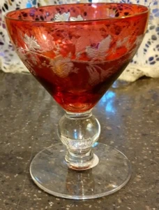 Etched Champagne Sherbet Glass GOBLET Cranberry Red Tops Clear BASE - Picture 1 of 4