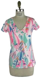 Lilly Pulitzer Michele V-Neck Top Short Sleeve Multi Out to Sea Sz L - Picture 1 of 5