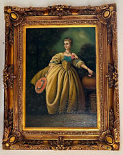 Casa Padrino Barock Ölgemälde Dame mit Hut Gold - Handgemaltes Antik Gemälde