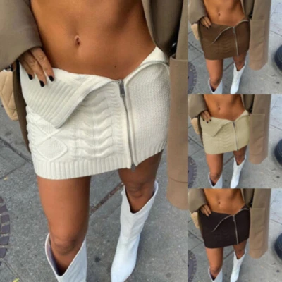 Mujeres Mini Faldas Tejidas Damas Sexy Fiesta Bodycon Cremallera Arriba y Abajo Vestido Talla Foto 1 de 4