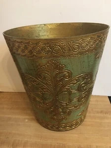 Italian Florentine Vintage Gold And Green Ornately Decorated Trash Waste Basket - Picture 1 of 7