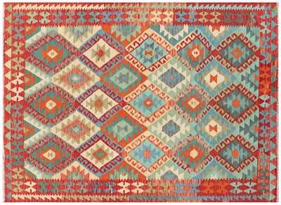 Afghan Maimana Kelim Teppich 200x300 Handgewebt Bunt Geometrisch Handarbeit 82 - Bild 1 von 4