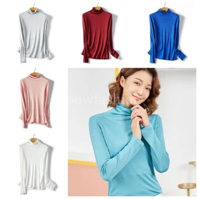 Mujeres Camisas de Seda Morera Cuello Tortuga Manga Larga Camisa Térmica Capa Base Top Foto 1 de 4
