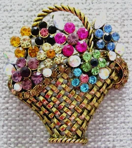 Broche broche ramo cesta flores pedrería metal tono dorado estilo vintage - Imagen 1 de 3
