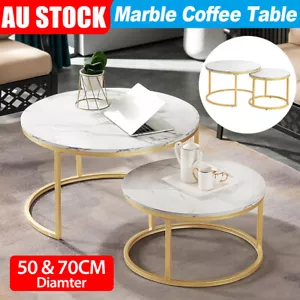 Set of 2 Coffee Table Wooden Nesting Side End Desk Round Marble Table Furniture - Picture 1 of 12