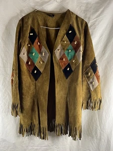 Vintage Wildleder Fransen Jacke Damen mittelbraun Patchwork Perlen Western Boho - Bild 1 von 12