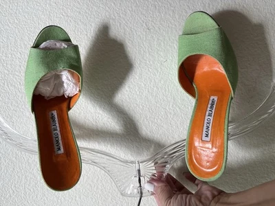 Manolo Blahnik UNIQUE RAINBOW GREEN LINEN SEXY STILETTO SUMMER CLUB PARTY SHOES - Image 1 of 4