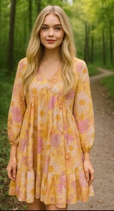 H&M Daisy Floral Retro Print Dress Anthropologie ModCloth 60s Print Cover Up L - Picture 1 of 5