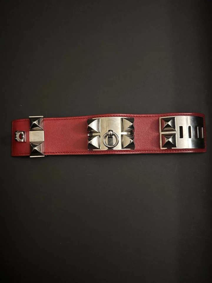 Pulseira de couro Hermes vermelha Collier de Chien tamanho P prata - Imagem 1 de 4