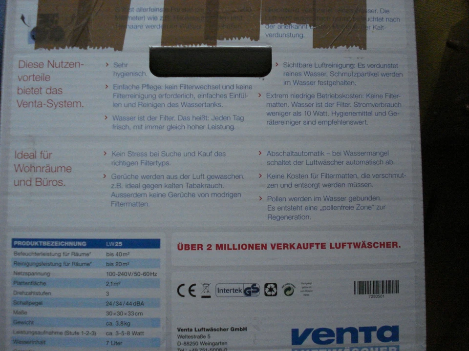 Venta LW25 Luftbefeuchter Luftwäscher Luftreiniger Luftvernebler - weiß/hellgrau - Bild 1 von 4