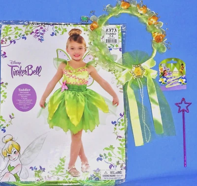 DISNEY TINKERBELL COSTUME-GIRLS 3-4-WINGS-FlOWER TIARA-HAIRCLIPS-RING-WAND-LOT-5 - Image 1 of 4