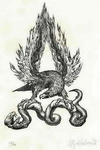 FLAMMEN ADLER & SCHLANGE - Bruno GOLDSCHMITT Handsignierter OriginalHolzschnitt - Picture 1 of 1