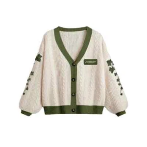 Cute Lantern Sleeve Knitted Cardigan Embroidered Button Down Cable Knit Sweater - Picture 1 of 15