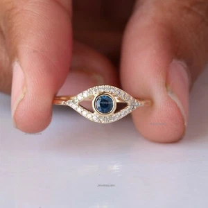 14k Yellow Gold Solitaire Genuine Blue Sapphire & Natural Diamond Evil Eye Ring - Picture 1 of 15