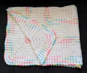 Handmade Multi-Color (White-Pink-Blue) Rectangle Afghan Throw Blanket 46" x 35" - Picture 1 of 6