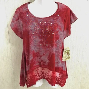 NUEVO CON ETIQUETAS Blusa Top Mujer Estrellas Adornada Roja X S Tie Dye Encaje Asimétrico - Imagen 1 de 11