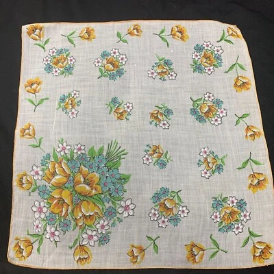 Vintage Ladies Gold, Yellow, Blue & White Floral Print Hankie/Handkerchief - Image 1 of 4