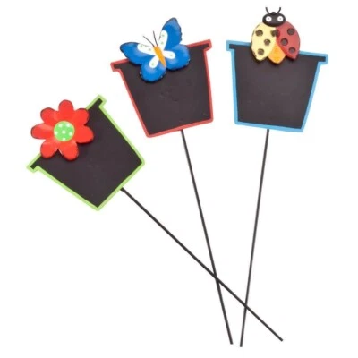Chalkboard Metal Garden Stakes Flower Butterfly Ladybug 3-Pc Yard Art Gift NEW - Image 1 of 2