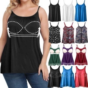 Women Camisole with Built in Bra Adjustable Strap Flowy Tank Tops Cami Plus Size - Picture 1 of 47