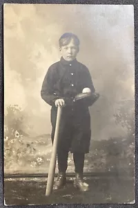 STUDIO REAL PHOTO RPPC~Boy Baseball Player in Uniform with Bat Baseball & Mitt - Picture 1 of 3