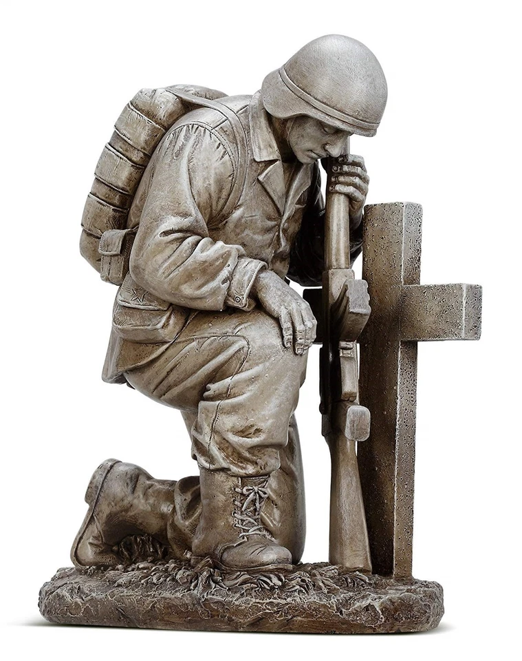 Kneeling Soldier by Cross Rifle Military Gravestone Garden Statue Decor - Image 1 of 1