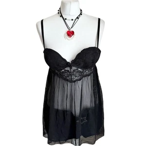 H&M Black Lace Mesh Babydoll Lingerie Top Women’s Size 8 Sheer  Y2K - Picture 1 of 11