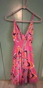 MUJERES Antiguo Vestido de Sol Azul Marino Pequeño ROSA Estampado Floral Correas de Espagueti en Niveles - Imagen 1 de 9