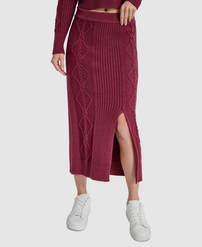 DKNY Jeans Skirt Womens Size Large Burgundy Ribbed Knit Slit