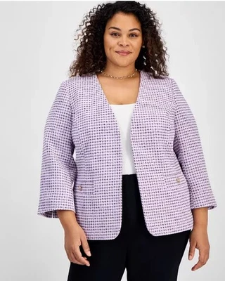 Kasper Women's Purple Tweed Fringe-Trim Open-Front Jacket Plus Size 18 - Image 1 of 4