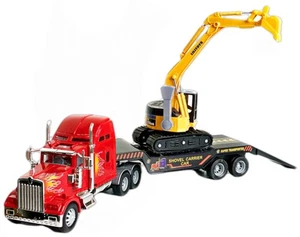 Big Rig Heavy Duty Tractor Trailer Low Boy Transport Flat Bed & Excavator Toy... - Picture 1 of 6