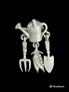 Vintage JJ Gardening Watering Can Pin Brooch w/ dangling Shovel Rake Peas Charms - Picture 1 of 4