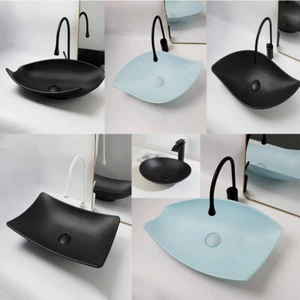 white/Black Bathroom Vessel Sink Leaf Baisn Bowl Combos Black Faucet Drain Set - Picture 1 of 39