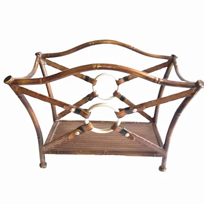 Porte revues 1950 Style Jacques Adnet en Métal Trompe L'œil Cuir et Bambou - Photo 1/4