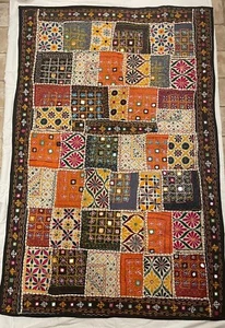 Vintage Hand-Embroidered With Mirrors Patchwork Wall Tapestry/Tablecloth 60”x40” - Picture 1 of 17
