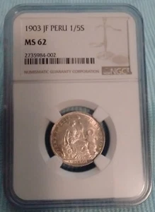 1903 Peru 1/5 Sol NGC MS62 - Picture 1 of 2