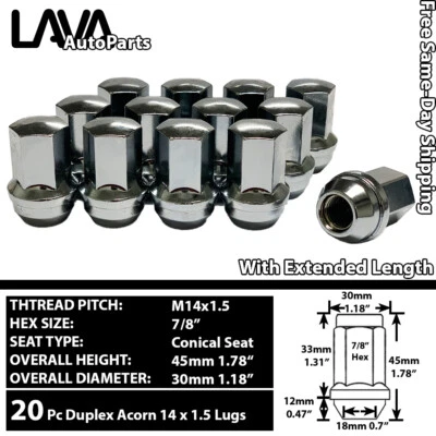 20PC 1.78" TALL 14X1.5 CHROME OE REPLACEMENT DUPLEX LUG NUT FOR CHEVY TRUCK/SUV - Image 1 of 3