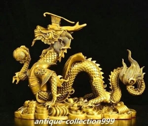 11" Old Dynasty Brass Bronze Wealth Yuanbao Coin money Dragon Loong Beast Statue - Picture 1 of 9