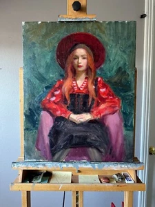 Painting of a Woman in Red and Black Costume, Oil on Canvas, 20 x 16, From Life - Picture 1 of 2