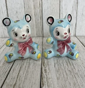 Rare Vintage Blue Teddy Bear Pink Bow Salt and Pepper Anthropomorphic - Picture 1 of 7