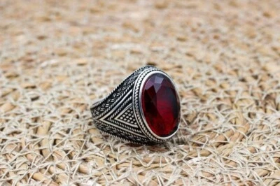 Mens Ruby Handmade Ring, Turkish Handmade Silver Men Ring, Ottoman Men Ring - Image 1 of 4