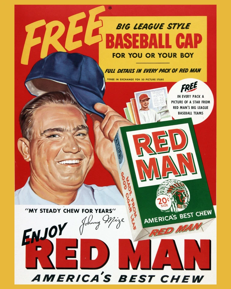 Red Man Chewing Tobacco Ad Poster Featuring Johnny Mize - Yankees, 8x10 Photo - Image 1 of 1