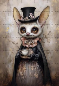 BAT TEATIME ART PRINT, Victorian Dressed Gothic Animal Poster, Wall Decor D853 - Picture 1 of 2