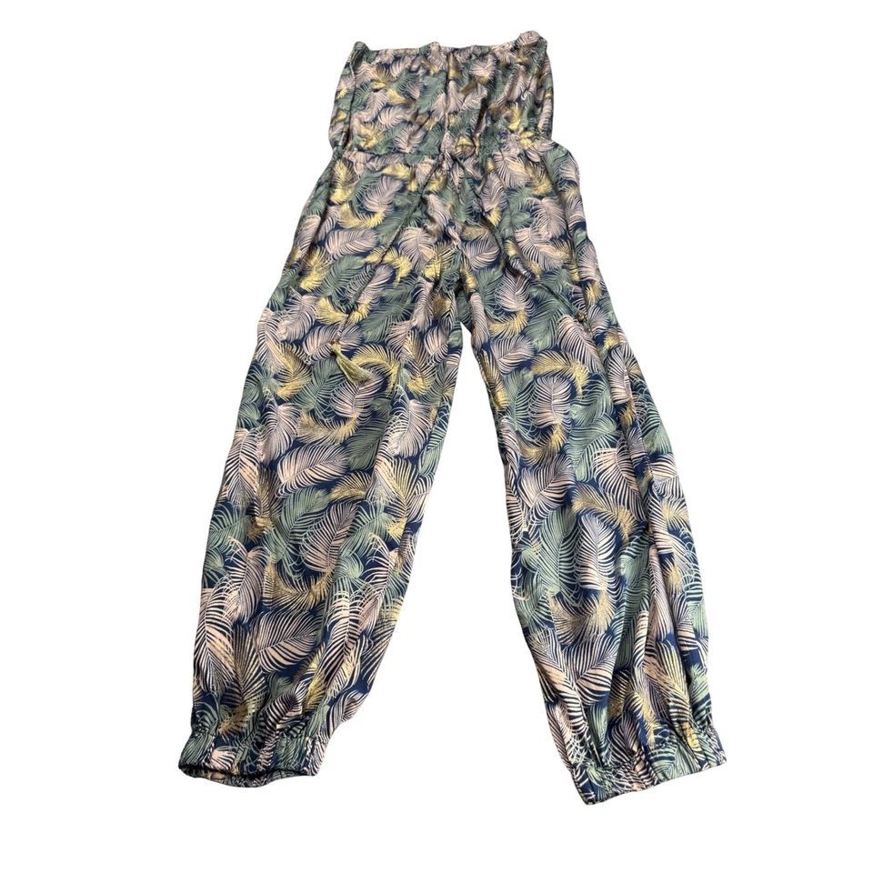 Womens Tropical Leaf Print Strapless Jumpsuit Boho Wide Leg Pants Tassel - Image 1 of 4