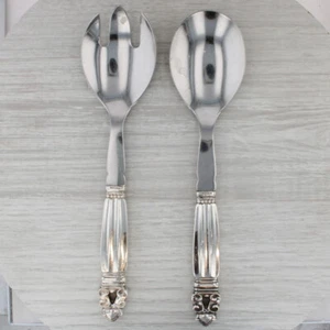 Georg Jensen Denmark Acorn Salad Spoon Fork Set Sterling Silver Stainless Steel - Picture 1 of 8
